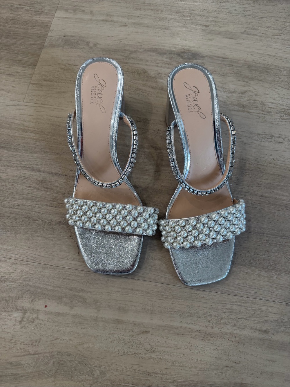 Badgley Mischka Silver Pearl & Rhinestone Slide Sandals